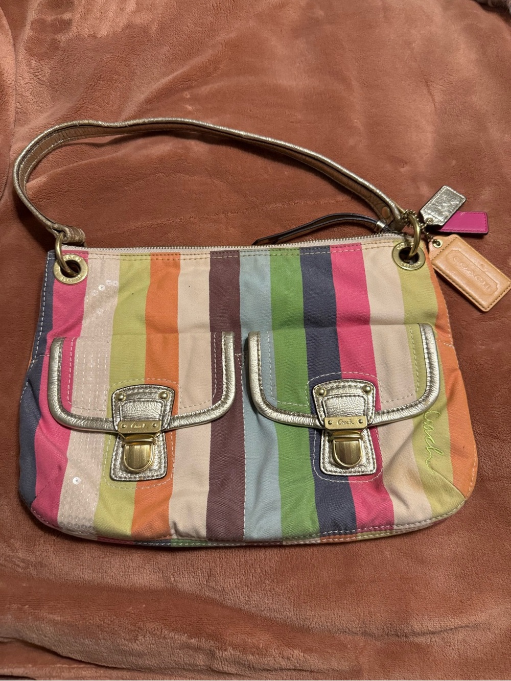 “VINTAGE” Coach Striped Multicolor Shoulder Bag with Gold Accents